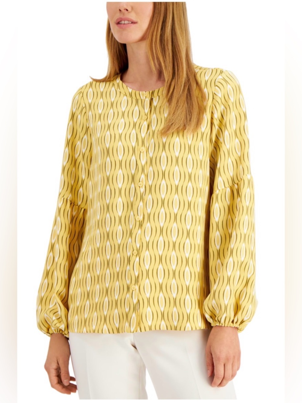 Alfani Plus Size Long Sleeve Button-up Mandarin Collar Lantern Sleeve Blouse 2X